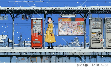 雪の降るホームで電車待ちをしている若い女性