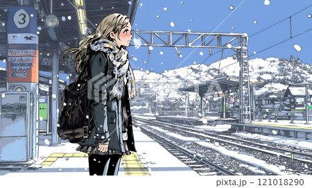雪の降るホームで電車待ちをしている若い女性