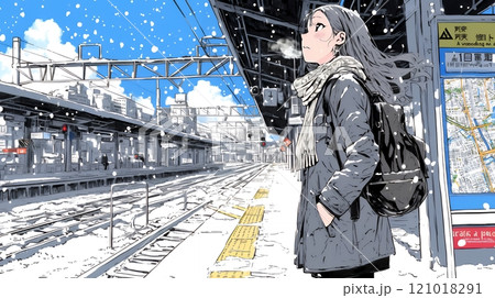 雪の降るホームで電車待ちをしている若い女性※：誤って夏空のため差し替え準備中