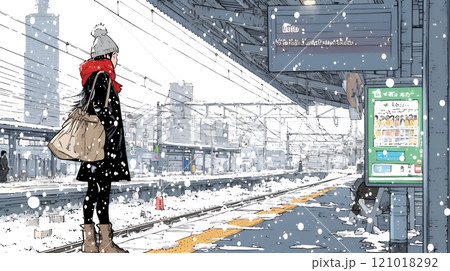 雪の降るホームで電車待ちをしている若い女性