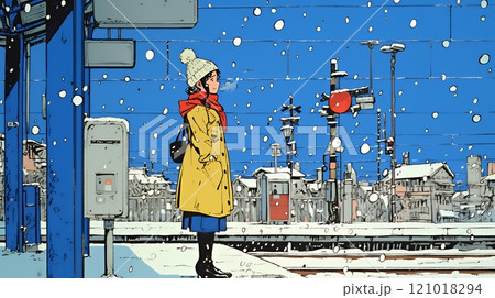 雪の降るホームで電車待ちをしている若い女性