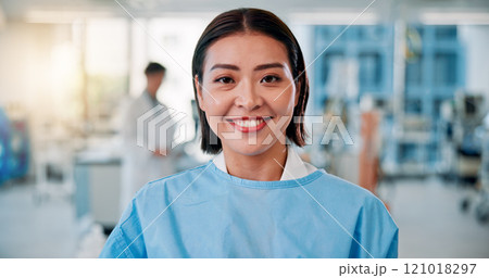 Woman, scientist and happy at laboratory on portrait for medical research and investigation in Japan. Female person, healthcare professional and smile or proud in confidence for vaccine trial 121018297