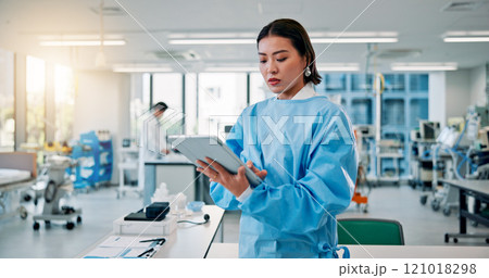 Man, scientist and serious on tablet at laboratory for medical research, investigation or results on vaccine tests in Japan. Female person, healthcare professional and innovation on drug trial report 121018298