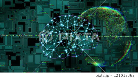 Digital brain network and data processing image over circuit board background 121018368