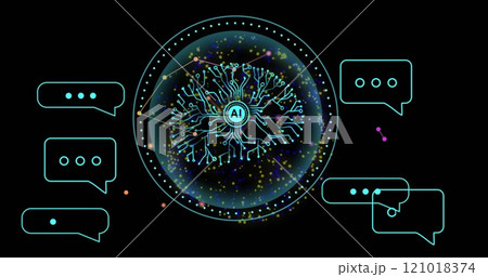 AI neural network and chat bubbles image over black background with colorful particles AI neural network and chat bubbles image over black background with colorful particles 121018374