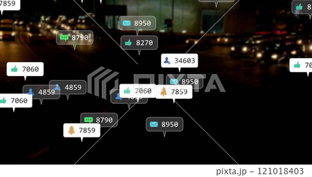 Social media interaction icons image over night traffic scene 121018403
