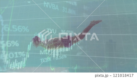 Image of charts processing data over caucasian man swimming in sunny swimming pool 121018417