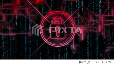 Image of padlock icon with connections over data processing on black background Image of padlock icon with connections over data processing on black background 121018429