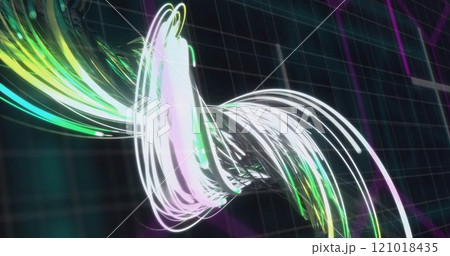 Image of scope scanning with shapes over light trails on black background 121018435