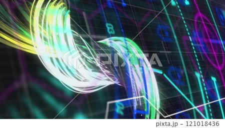 Image of scope scanning with shapes over light trails on black background 121018436