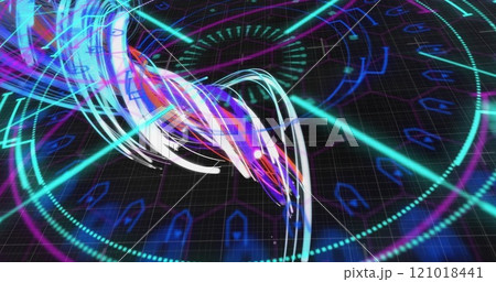Image of scope scanning with shapes over light trails on black background 121018441