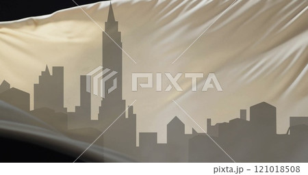 Image of silhouette of cityscape and floating cloth on black background Image of silhouette of cityscape and floating cloth on black background 121018508