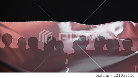 Image of silhouettes of people and floating cloth on black background Image of silhouettes of people and floating cloth on black background 121018516