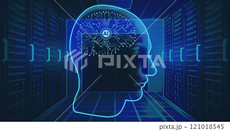 Image of circular ai scanner and brain network in head over blue computer server room Image of circular ai scanner and brain network in head over blue computer server room 121018545