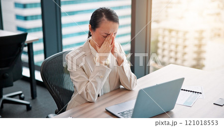 Japan, laptop and woman at desk, headache and burnout with deadline, stress and overworked. Asian person, employee and accountant in office, computer and migraine with pain, deadline and pressure 121018553