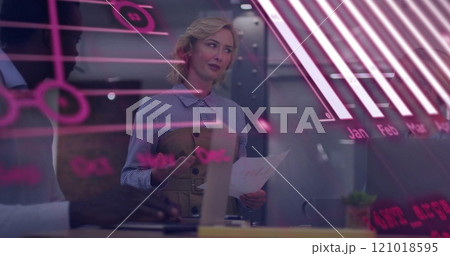 Image of data processing and diagrams over diverse colleagues discussing work Image of data processing and diagrams over diverse colleagues discussing work 121018595