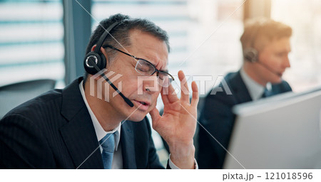 Office, computer and businessman with headache for call center, muscle tension and stress for deadline. Career, employees and mature agent with migraine for headset noise, pain or consulting in Japan Office, computer and businessman with headache for call center, muscle tension and stress for deadline. Career, employees and mature agent with migraine for headset noise, pain or consulting in Japan 121018596