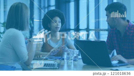 Image of financial data processing over diverse business people in office Image of financial data processing over diverse business people in office 121018636