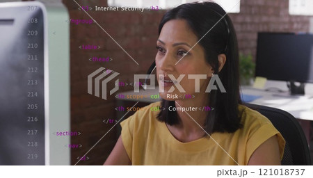 Image of financial data processing over biracial businesswoman using computer in office Image of financial data processing over biracial businesswoman using computer in office 121018737