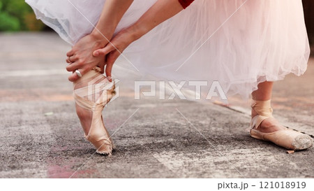 Stretching, shoes and ballet with woman in street of Japan for dancing, performance and talent. Dancer , theatre and ballerina with closeup of feet of person in city for outdoor, warm up and artist Stretching, shoes and ballet with woman in street of Japan for dancing, performance and talent. Dancer , theatre and ballerina with closeup of feet of person in city for outdoor, warm up and artist 121018919