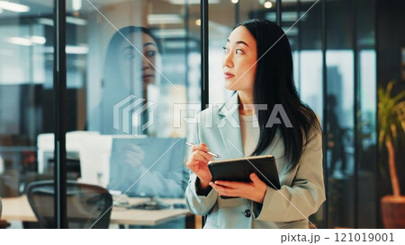 Office, lawyer and businesswoman with tablet for thinking, policy review and digital solution for law firm. Japanese, female person or attorney with ideas for court case, justice report or reflection 121019001