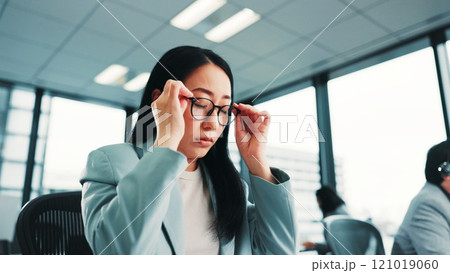 Tired, glasses and business with Japanese woman in office for fatigue, anxiety and burnout. Frustrated, mistake and fear with female employee in corporate firm for headache, overworked and stress Tired, glasses and business with Japanese woman in office for fatigue, anxiety and burnout. Frustrated, mistake and fear with female employee in corporate firm for headache, overworked and stress 121019060