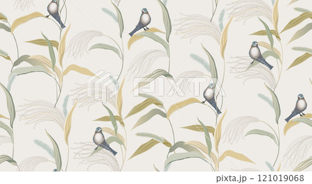 Vector illustration of a seamless pattern of Silver Grass Field with Little Bird. The design can be used for creating invitation cards, picture frames, posters, or scrapbooks.  121019068
