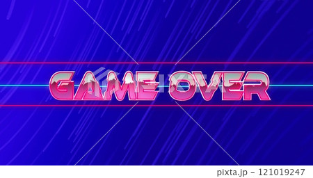 Image of game over text in pink metallic letters over blue light trails on blue background 121019247