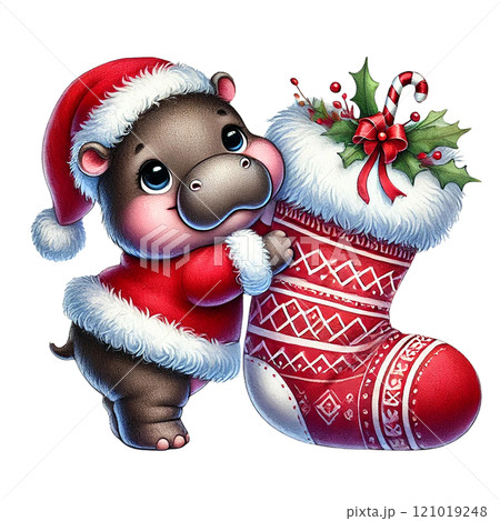 Cute hippo in Santa outfit by festive Christmas stocking. Christmas animal cartoon. 121019248