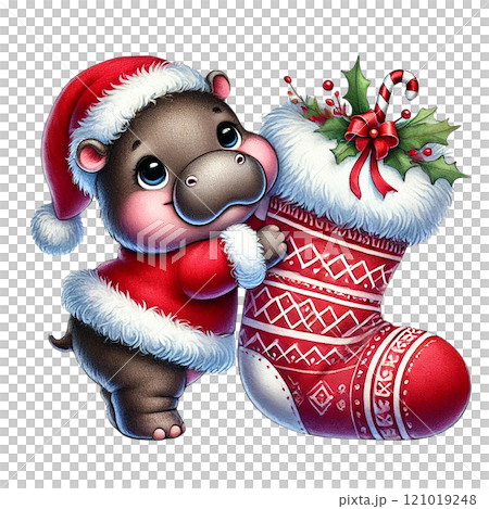 Cute hippo in Santa outfit by festive Christmas stocking. Christmas animal cartoon. 121019248