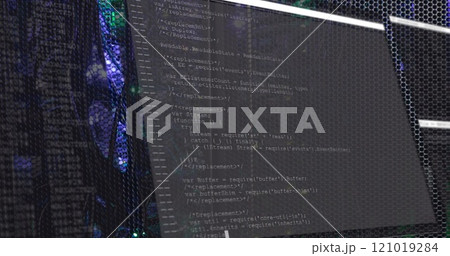 Image of data processing on interface over glowing computer servers Image of data processing on interface over glowing computer servers 121019284