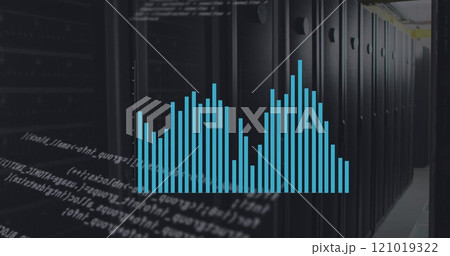Image of data processing with diagrams over server room Image of data processing with diagrams over server room 121019322
