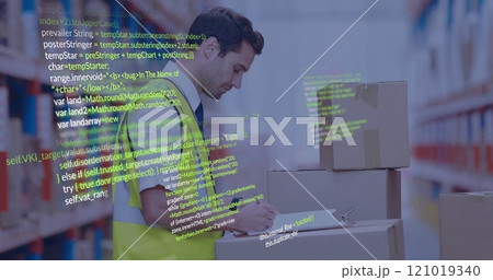 Image of digital data processing over caucasian man working in warehouse 121019340