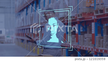 Image of biometric photo and digital data processing over caucasian man working in warehouse 121019359