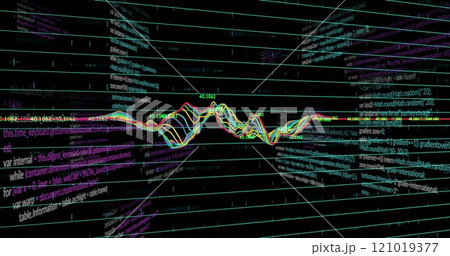 Image of data processing and diagrams over black background 121019377