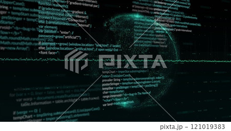 Image of data processing and diagrams over globe on black background 121019383