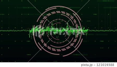 Image of data processing and diagrams over scope scanning on black background Image of data processing and diagrams over scope scanning on black background 121019388