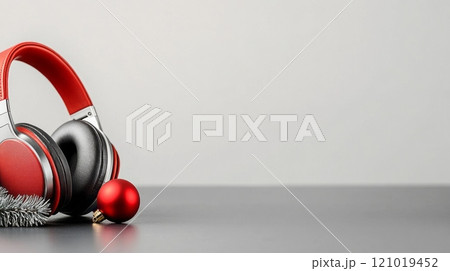 estive Christmas background with headphones and holiday decorations 121019452