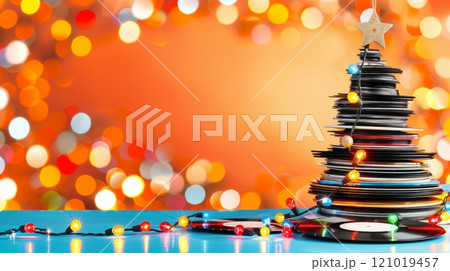 Creative Christmas tree made of colorful vinyl records Creative Christmas tree made of colorful vinyl records 121019457