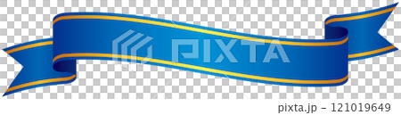 カーブのついたゴールドライン入りグラデーションリボンの単品イラスト6（青） 121019649