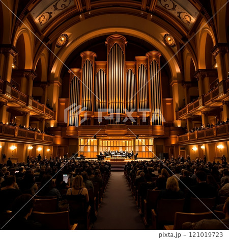 A magnificent concert hall with a grand organ, hosting a musical performance attended by a large, captivated audience in an elegant setting A magnificent concert hall with a grand organ, hosting a musical performance attended by a large, captivated audience in an elegant setting 121019723