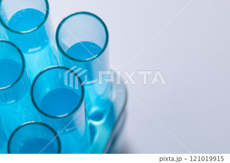 Close up of laboratory test tubes with blue liquid and copy space on white background Close up of laboratory test tubes with blue liquid and copy space on white background 121019915