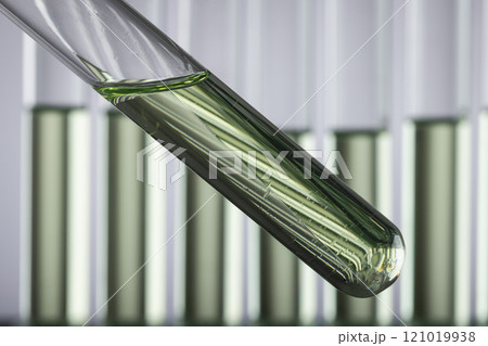 Close up of laboratory test tubes with copy space on white background 121019938