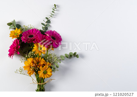 Bunch of pink and yellow flowers with copy space on white background Bunch of pink and yellow flowers with copy space on white background 121020527
