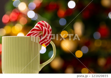 Mug with candy canes and christmas tree with fairy lights and copy space Mug with candy canes and christmas tree with fairy lights and copy space 121020655