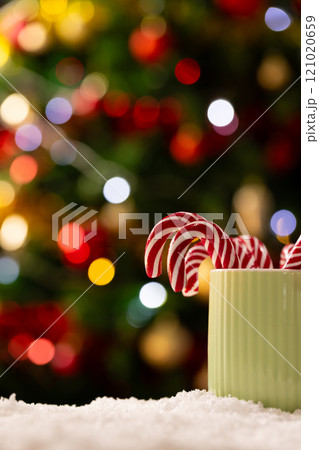 Vertical image of mug with candy canes and christmas tree with fairy lights and copy space Vertical image of mug with candy canes and christmas tree with fairy lights and copy space 121020659