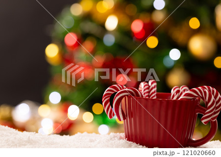 Mug with candy canes and christmas tree with fairy lights and copy space 121020660
