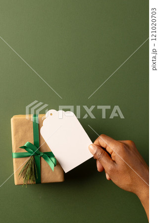 Vertical image of african american woman hand holidng tag with copy space and christmas present Vertical image of african american woman hand holidng tag with copy space and christmas present 121020703
