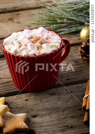 Vertical image of red mug of chocolate and marshmallows and christmas decorations with copy space 121020855