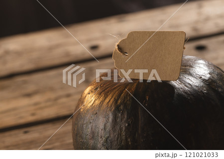 Pumpkin with tag with copy space on brown background Pumpkin with tag with copy space on brown background 121021033